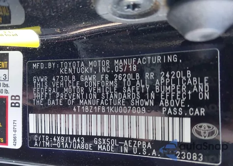 2019 Toyota Avalon Limited from USA, damaged, VIN 4T1BZ1FB1KU007009